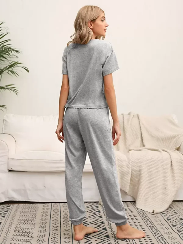 Ensemble pyjama haut uni et pantalon à cordon de serrage – Image 3