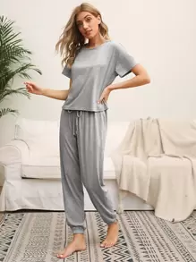Ensemble pyjama haut uni et pantalon à cordon de serrage