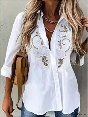 Chemise décontractée brodée de couleur unie pour femme