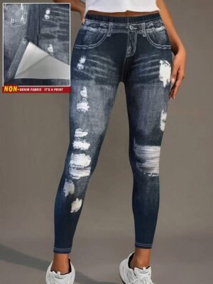Jean skinny asymétrique imprimé effiloché vintage pour femme INAWLY